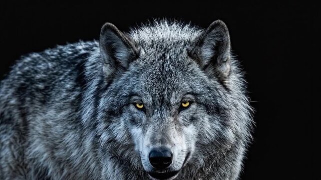 Majestic Gray Wolf Intense Stare on Black Background