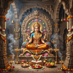 Obraz premium Goddess Lakshmi Seated on an Ornate Throne in a Traditional Indian Temple 