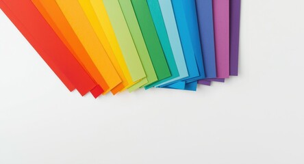 Fototapeta premium Vibrant rainbow colored paper cards fanned against a clean white backdrop for imaginative design concepts