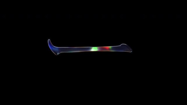 A Japanese symbol "長音記号" shimmering with various colored lights on a glass-like surface with an alpha channel. Serif font. Seamless loop video.