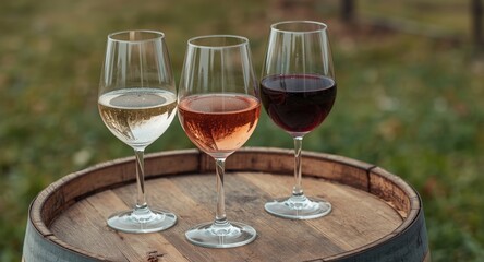 Obraz premium Three wine glasses with white, rosÃ©, and red wine arranged on a wooden barrel outdoors