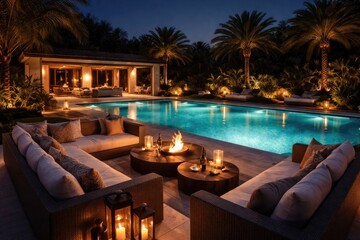 Obraz premium Luxury outdoor area with an illuminated swimming pool and elegant seating