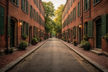 Fototapeta premium Tranquil empty street with copy space between red brick buildings and green shuttered windows
