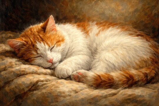 Detailed oil painting of a peacefully sleeping white and ginger cat