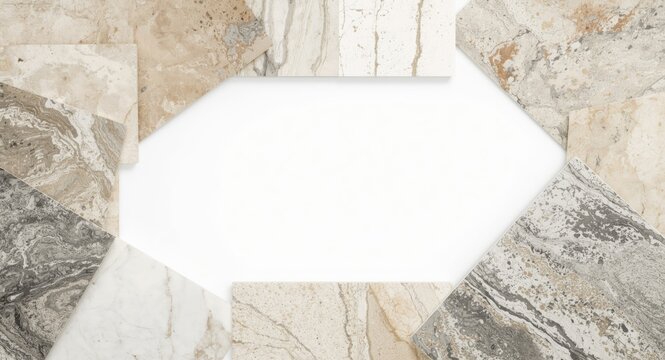 Top view of diverse synthetic stone and travertine tile samples arranged on clean white background with copy space