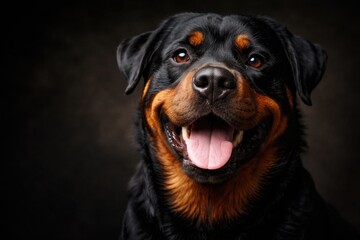 Fototapeta premium Close up portrait of a joyful Rottweiler pet with detailed fur texture and dark background featuring copy space
