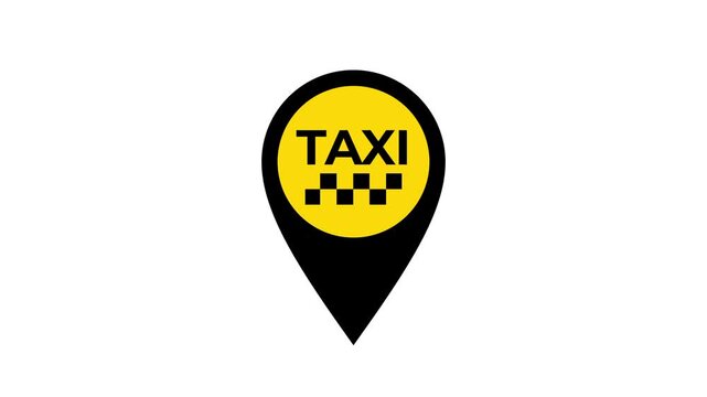 A black location pin icon containing the word taxi and a checkered pattern sits centered on a white background between two thick dark horizontal bars