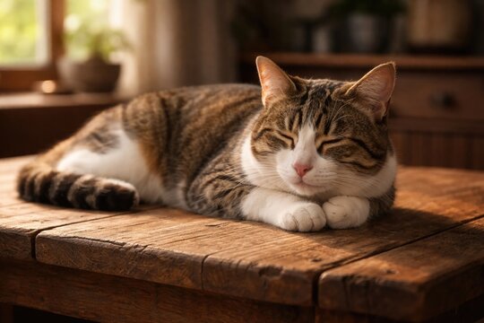A peaceful domestic shorthaired cat resting on a rustic wooden table