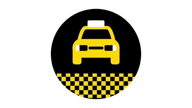 A circular black icon featuring a white car silhouette and a checkered base is positioned in the center of a white field between two dark borders