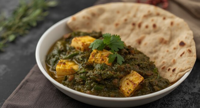 Wholesome Indian vegetarian saag paneer served alongside chapattis
