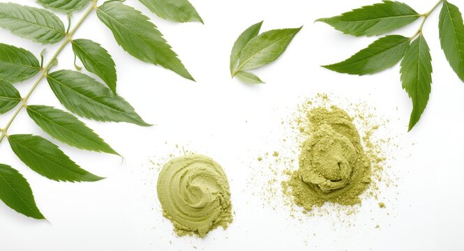 White background setting for neem leaves, paste, and powder promoting natural medicinal remedies