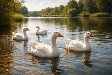 Obraz premium Pet Geese Swimming on a Calm Lake in Summer Sunshine