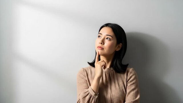 Woman deep in thought with a cloud of ideas above her head