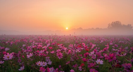 Obraz premium Sunrise mist surrounding a field of vibrant pink cosmos flowers with a warm sunset sky and copy space