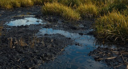Obraz premium Wetland environment featuring dark tar deposits and sparse grassy vegetation