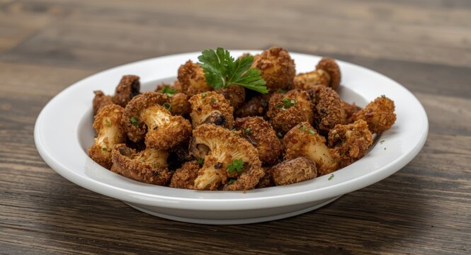 Tasty fried eringi mushrooms showcased on a clean white serving dish