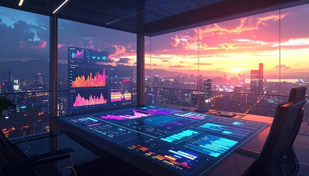 Futuristic Control Room with Data Visualization and Cityscape View.