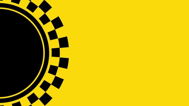 A black semi-circle with a checkered border is positioned on the left side of a yellow field that is framed by two thick black horizontal stripes