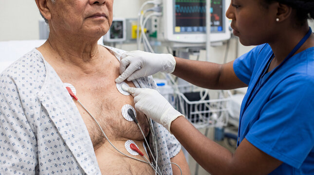 Young african american technician adjusting cardiac monitoring electrodes on senior asian ecg patient while he is sitting in hospital room