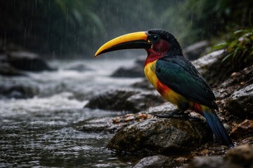 Fototapeta premium Colorful Bird Perched on Rocks by a Rainy Riverbank