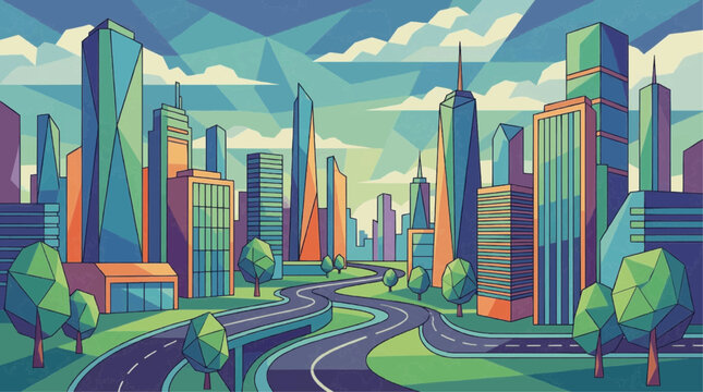A vibrant cityscape with modern skyscrapers and winding roads.