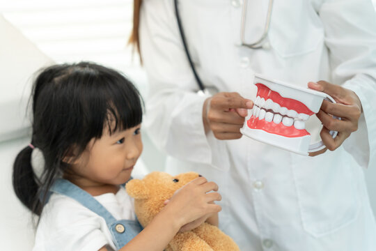 Dentist or dentist treating and advice little girl teeth, Child receiving treatment from dentist, medicine, dentistry and healthcare, annual checkup, fluoride coating, tooth decay