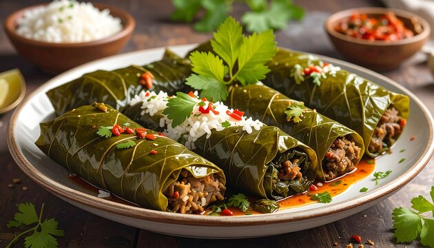 A plate of stuffed grape leaves with rice and herbs on a wooden table