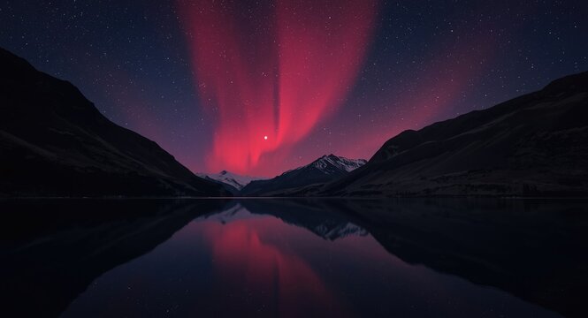 Vibrant red aurora borealis lighting up reflective waters and steep night hills