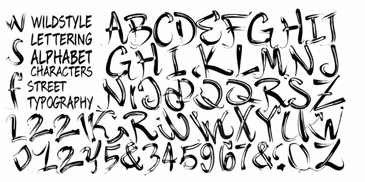 Hand drawn alphabet and numbers in a bold expressive wildstyle lettering