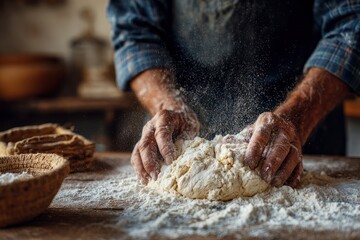 Fototapeta premium Man kneading dough on floured surface.