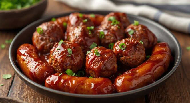 Tasty knackwurst and meatballs barbecued to perfection for a quick meal