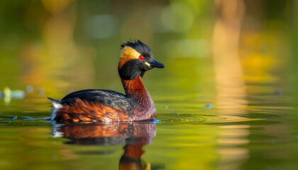 Obraz premium A serene bird floats on calm water with a blurry background