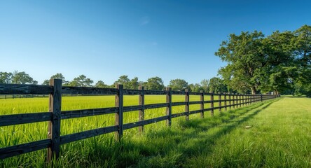 Fototapeta premium Wooden fence alongside vibrant green grass and towering trees under a clear blue sky including copy space