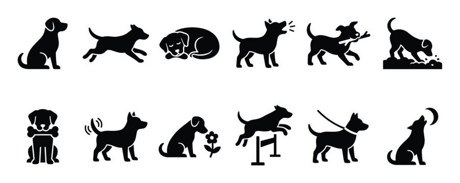 Collection of black dog silhouette icons depicting various poses and activities, including sitting, running, sleeping, barking, playing, digging, eating, sniffing, jumping, walking, and