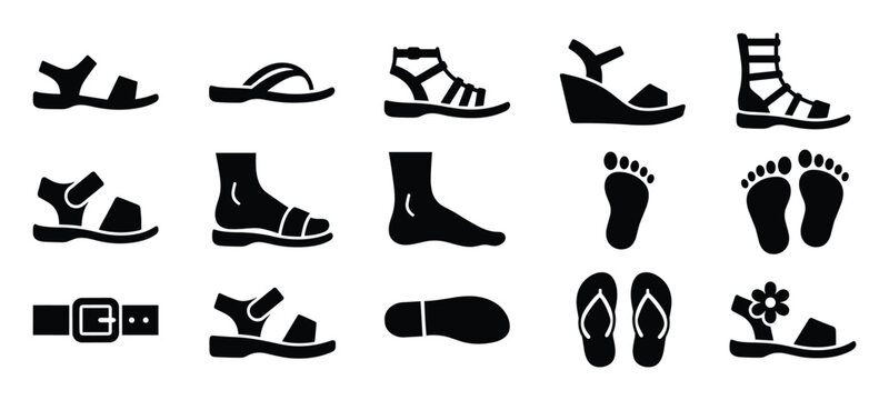 Collection of black silhouette icons depicting various types of sandals, feet, and a belt, presented in a clean, graphic style