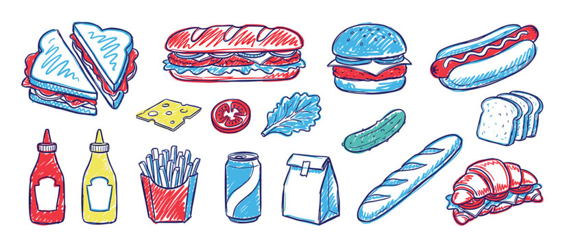 Various colorful hand-drawn fast food items and ingredients, including sandwiches, burgers, hot dogs, and condiments, are playfully arranged