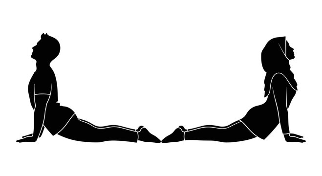 Two individuals demonstrating a yoga or stretching pose from opposite perspectives Vector, illustration