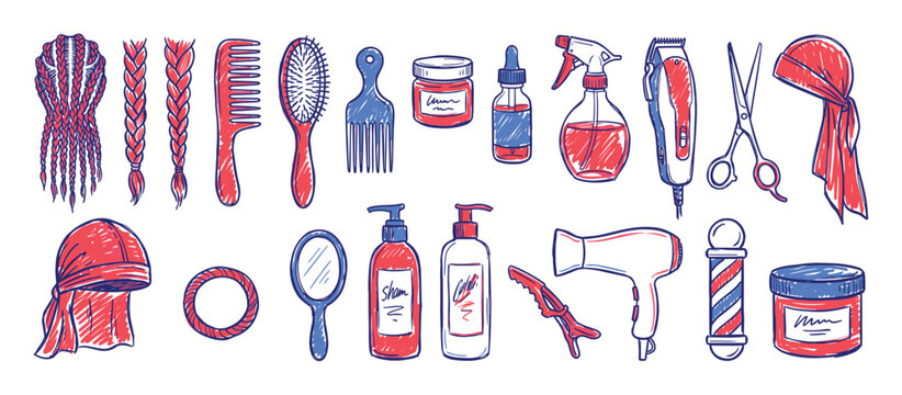 Various hand-drawn red and blue hair care and barber tools are neatly arranged in a clean, graphic style
