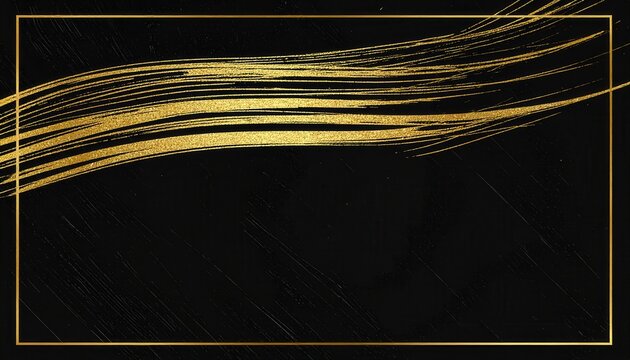 Fond noir &eacute;l&eacute;gant avec des coups de pinceau dor&eacute;s abstraits et un cadre fin pour des invitations de luxe ou des pr&eacute;sentations haut de gamme.