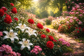 Naklejka premium Beautiful floral garden blooming with red roses white lilies and pink petals in lush green park