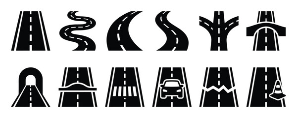 Fototapeta premium Collection of various black road icons with white markings, depicting different paths, intersections, and road conditions