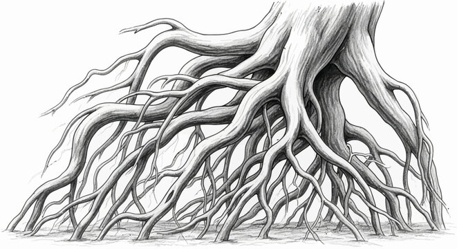 Detailed Pen and Ink Illustration of Tree Roots Spreading Outward