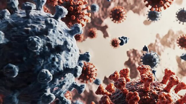 A close up, macro view of microscopic virus particles in vibrant color