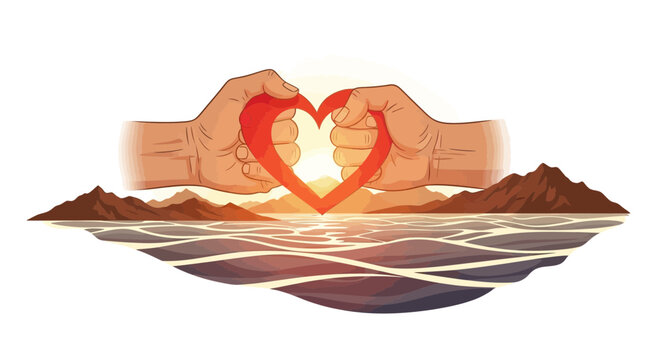 Hands forming heart shape with sunrise background symbolic of love and connection