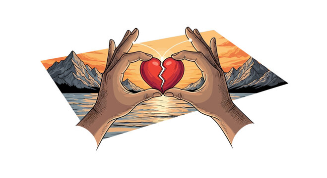 Hands forming heart shape with landscape backdrop isolated on white