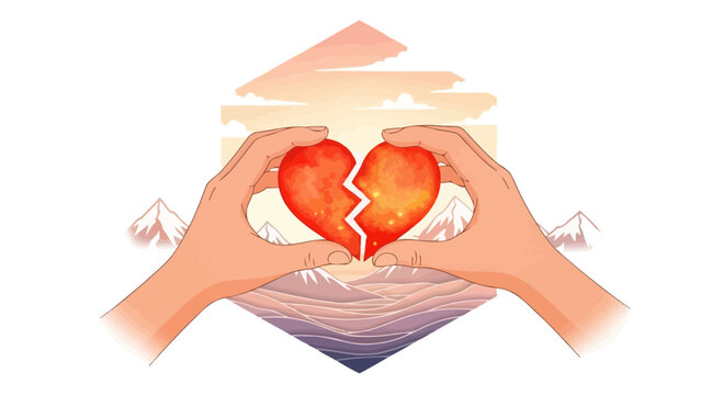 Hands holding a broken heart symbol against scenic background illustration