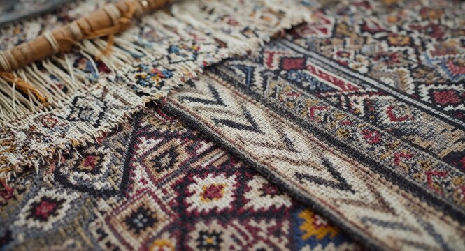 Traditional weaving techniques displayed on a handmade ulos textile with ethnic geometric patterns