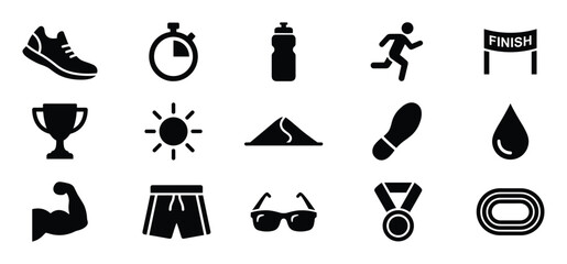 Fototapeta premium Collection of black silhouette icons representing various running and fitness related objects and concepts