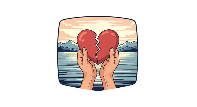 Hands holding a broken heart symbol over a landscape background