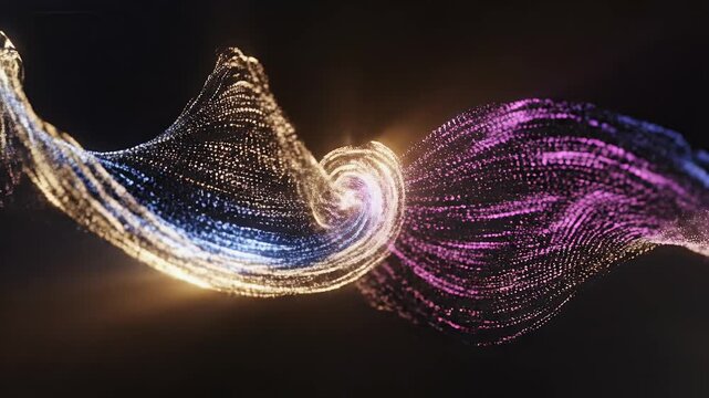 Glowing, swirling particulate matter in purple, blue, and gold hues